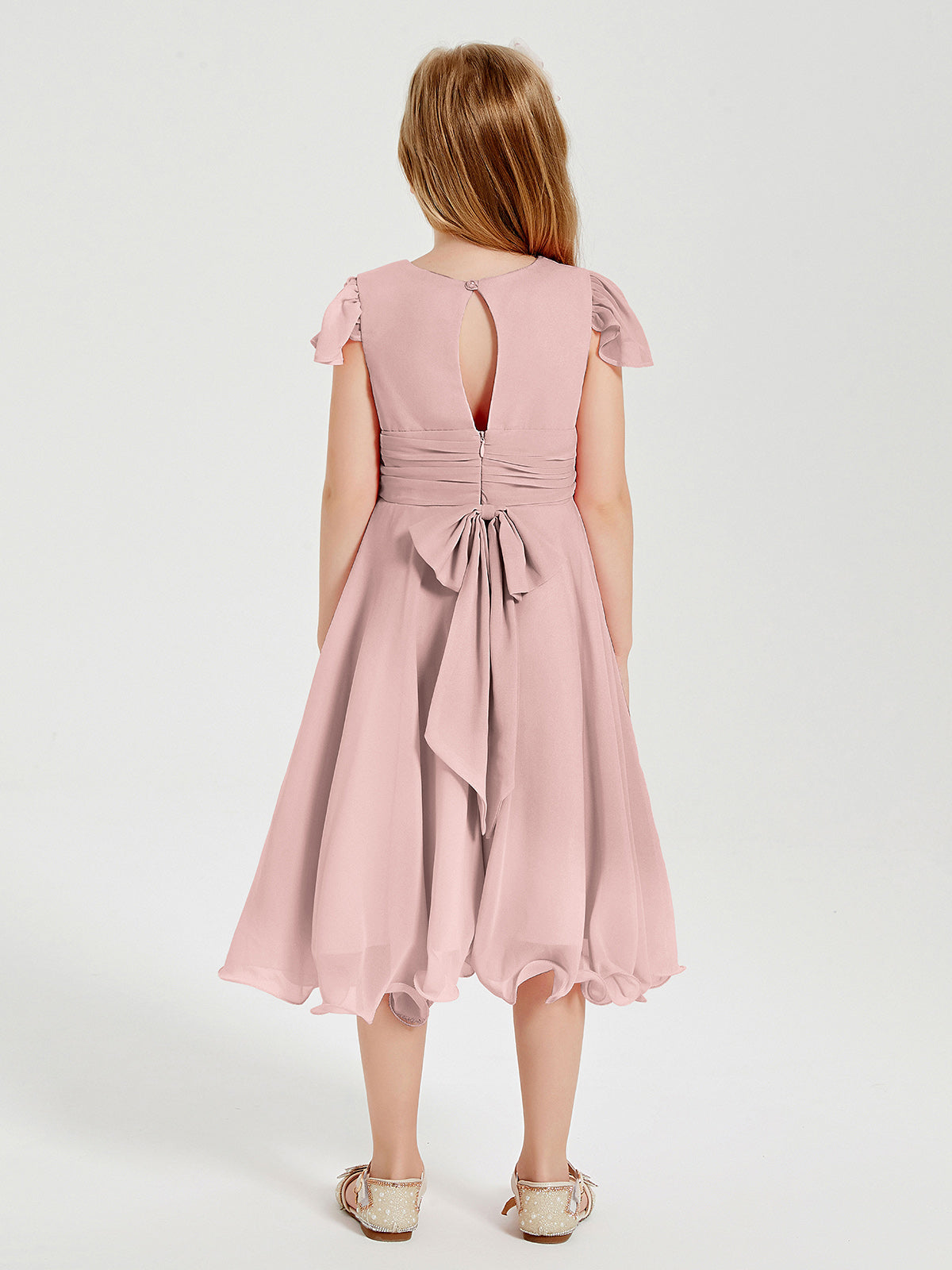 Chiffon Tea Length Junior Bridesmaid Dresses Dusty Rose